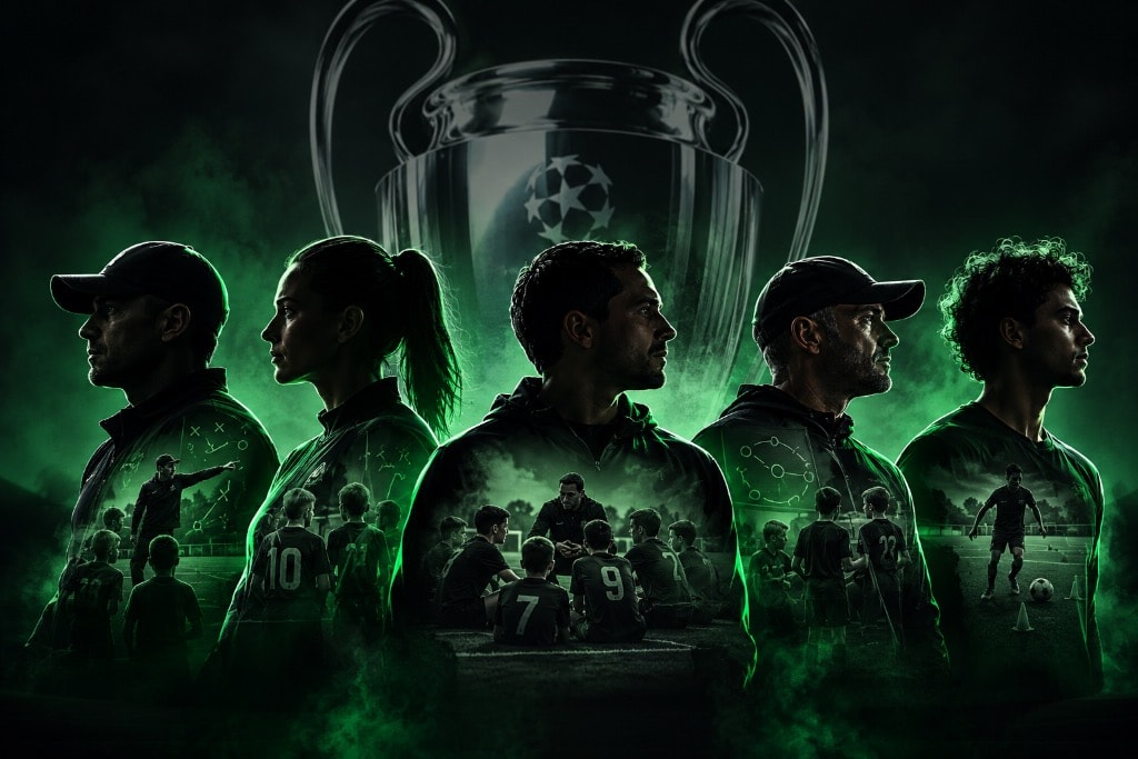 Fútbol IQ coaching staff composite with green neon lighting